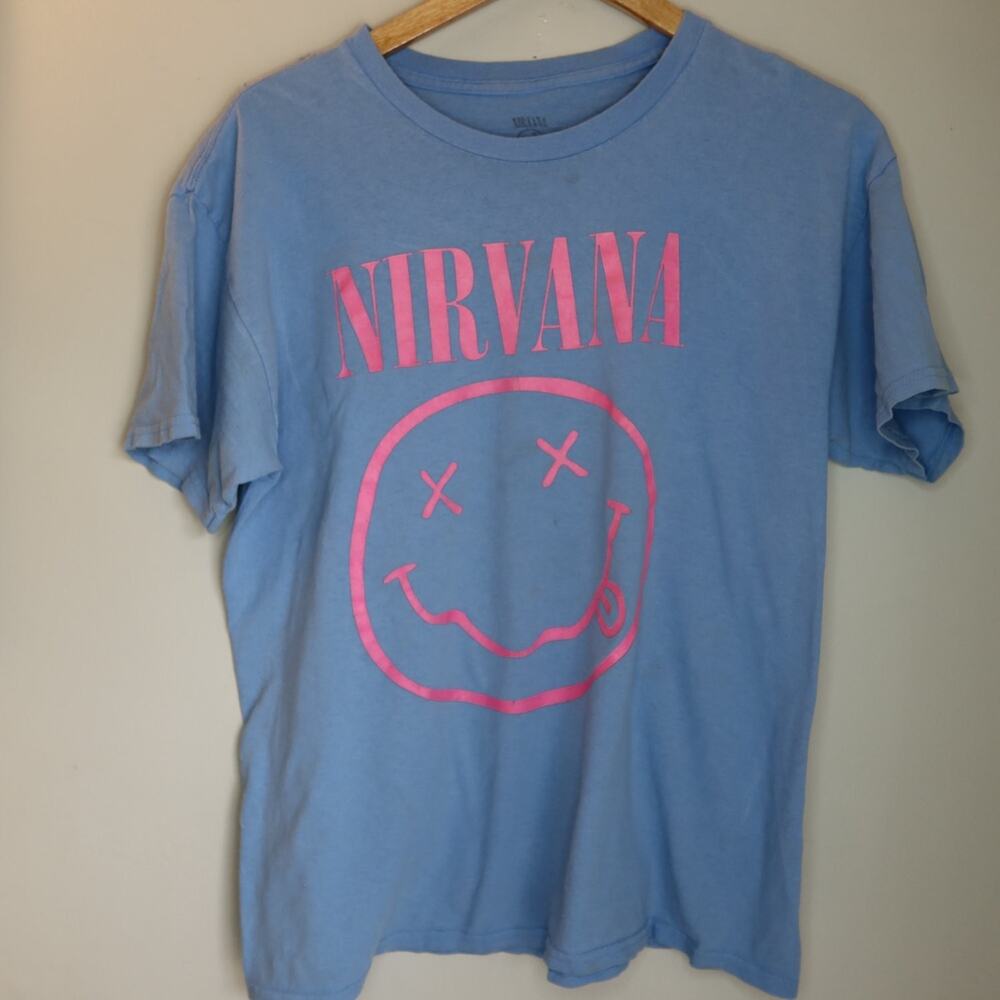 Nirvana Music T-Shirt Smiley Face L Blue Crew Neck Short Sleeve Sleeves
